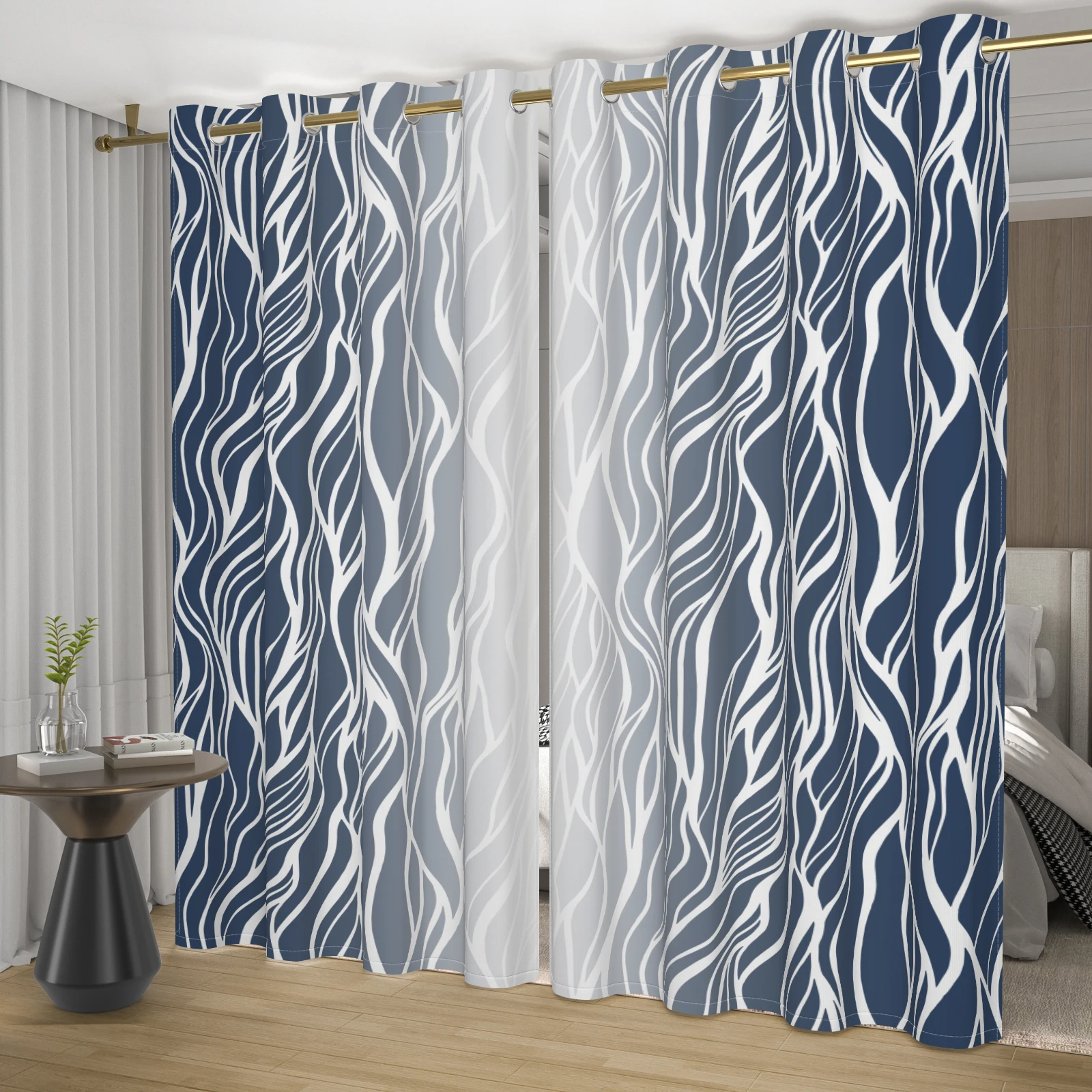 Navy Blue Wave Stripe Blackout Curtains 2 Panels, Wavy Line Print Thermal Insulated Grommet Drapes for Living Room Bedroom Decor
