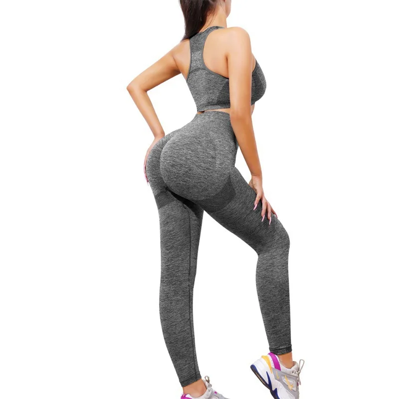 Woman's sports yoga suit vest pants two-piece seamless knitted fitness yoga pants high waist peached hip breathable stretch