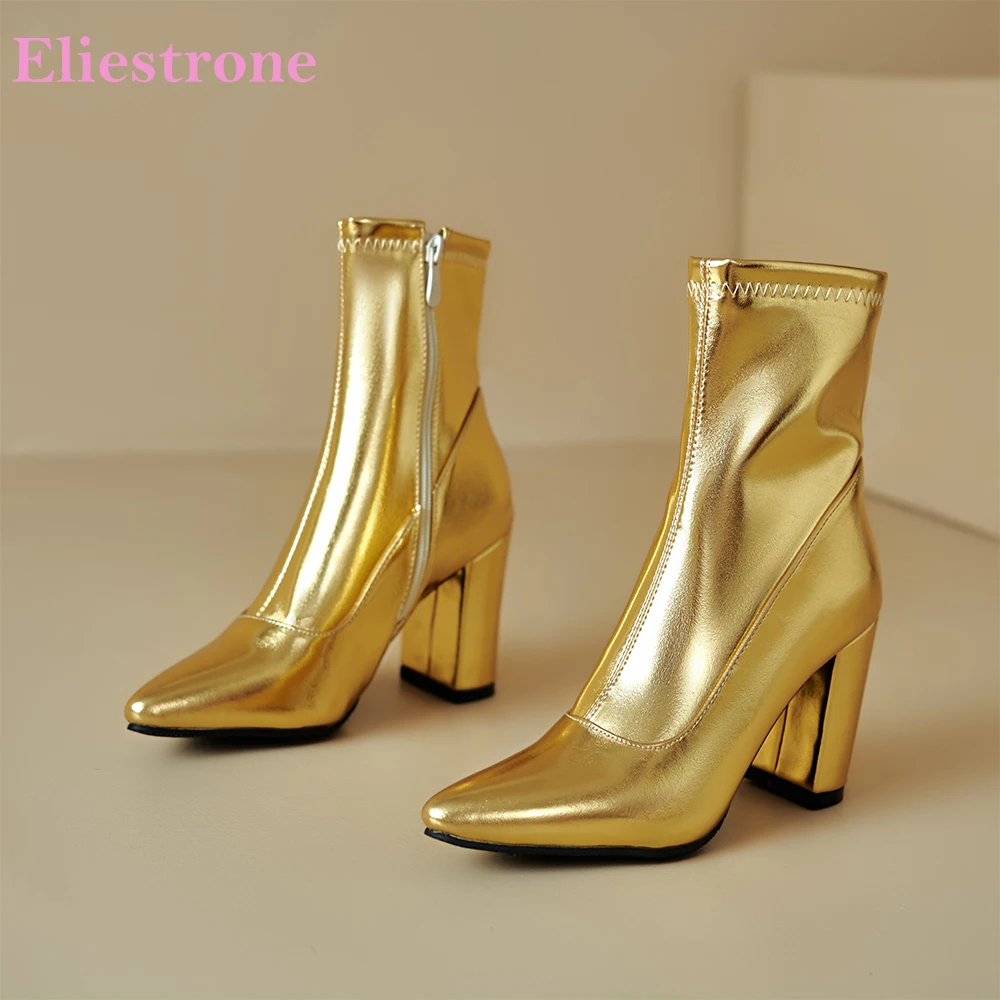 

2025 Новые зимние элегантные женские сапоги до середины икры золотого и серебряного цвета, популярные офисные женские туфли на высоком блочном каблуке, большие размеры 32 43 46
