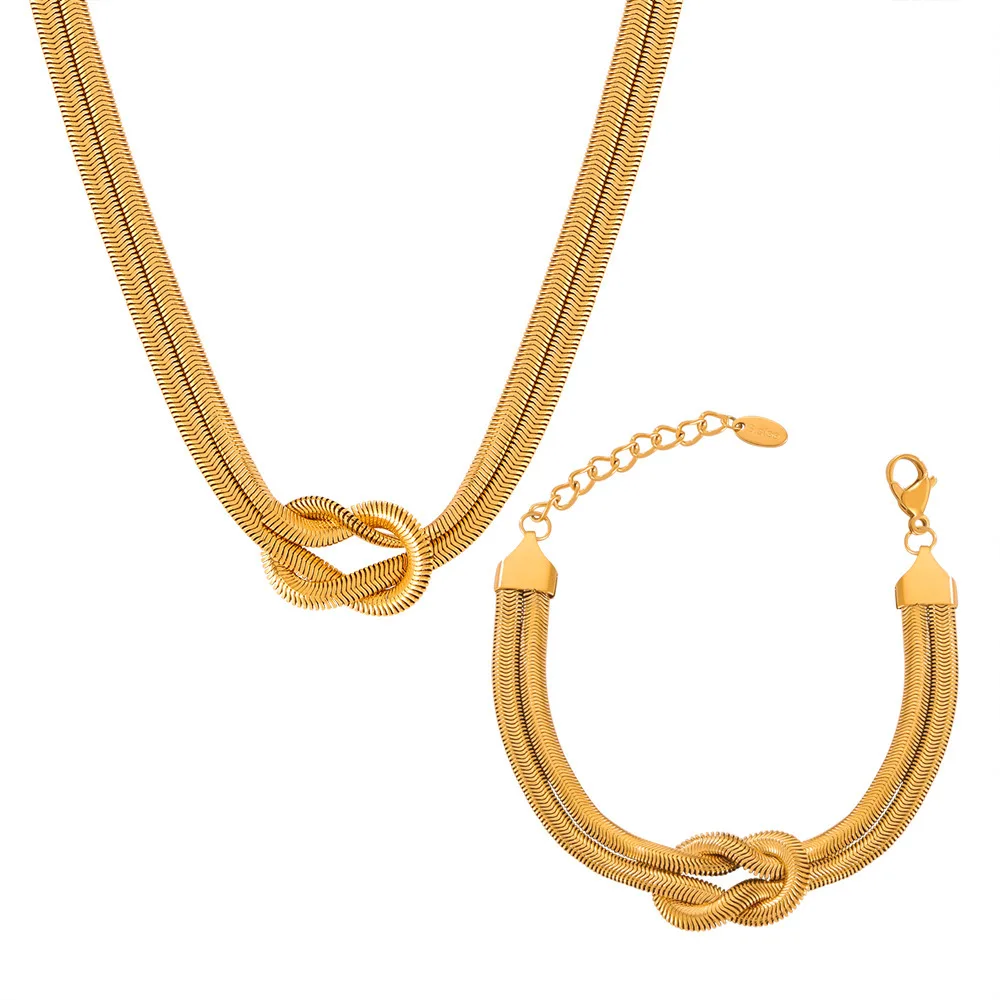 Personality Punk Hip‑Hop Jewelry, Knotted‑Design Double‑Layer Snake Chain Titanium Steel Necklace & Bracelet Set, Light‑Luxury F