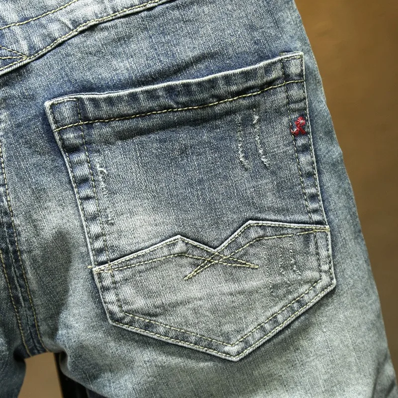 Street Fashion Men Jeans Retro Washed Blue Stretch Slim Fit Ripped Jeans Men Embroidery Designer Patched Vintage Denim Pants