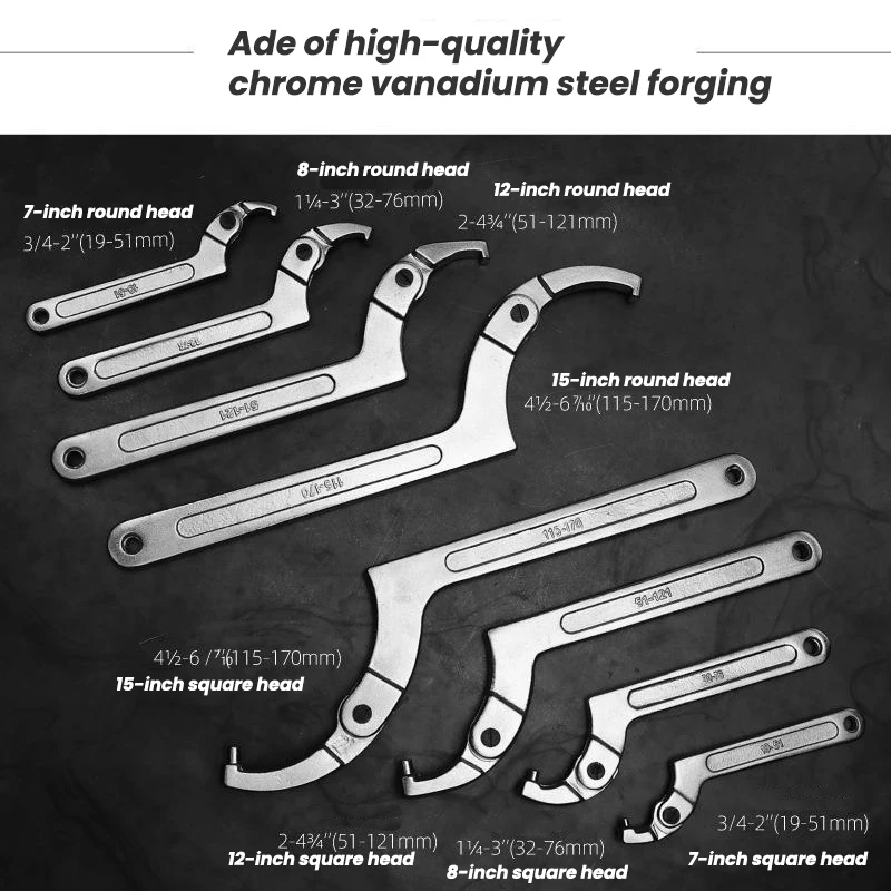 1Pc Adjustable Hook-Type Wrench Multifunction Half Moon Wrench Universal C Spanner 7/8/12/15 Inches for Repair Water Meter Tools