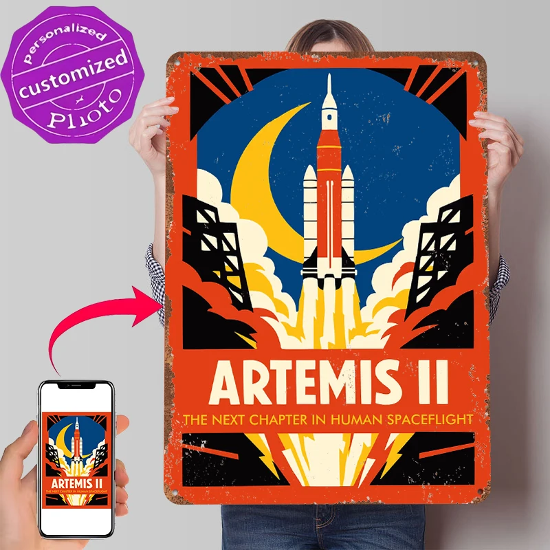 Artemis II Raketenstart Metallposter Individualisierte Wandkunst Retro Vintage Metallschilder für Männerhöhle Innenausstattung Schreibtisch-Dekoration