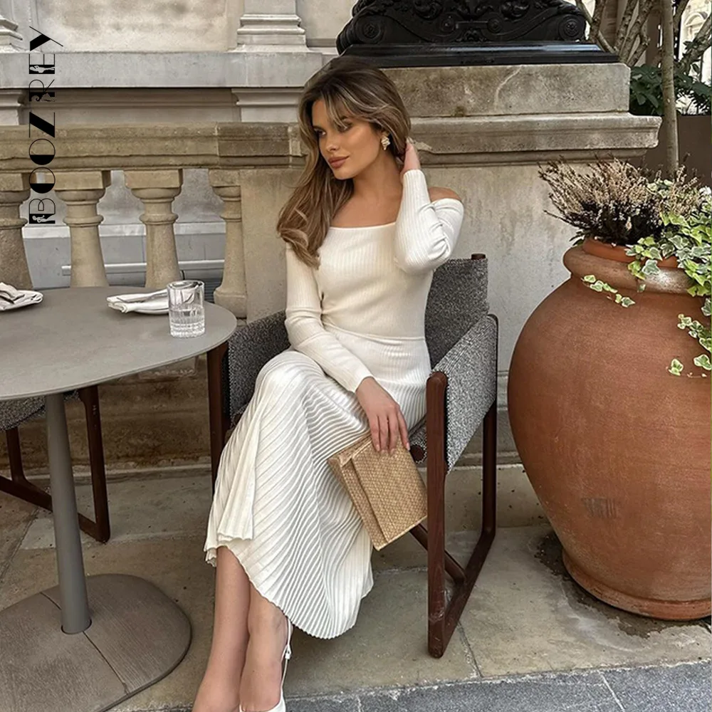 BoozRey 2024 Autumn New Fashion Sheath Long Sleeve Slim Long Dress Solid Screw Thread Slash Neck Pullover for Women Clothing