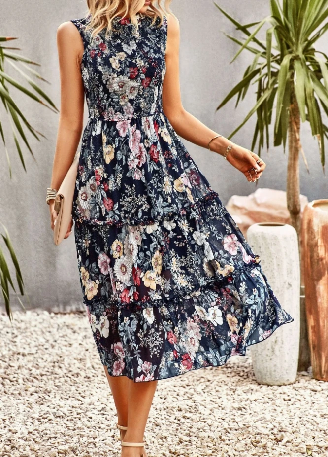 

Women's Dress Fashion Summer Vacation Casual Floral Print Round Neck Frill Hem Shirring Sleeveless High Waist A-line Midi Dress