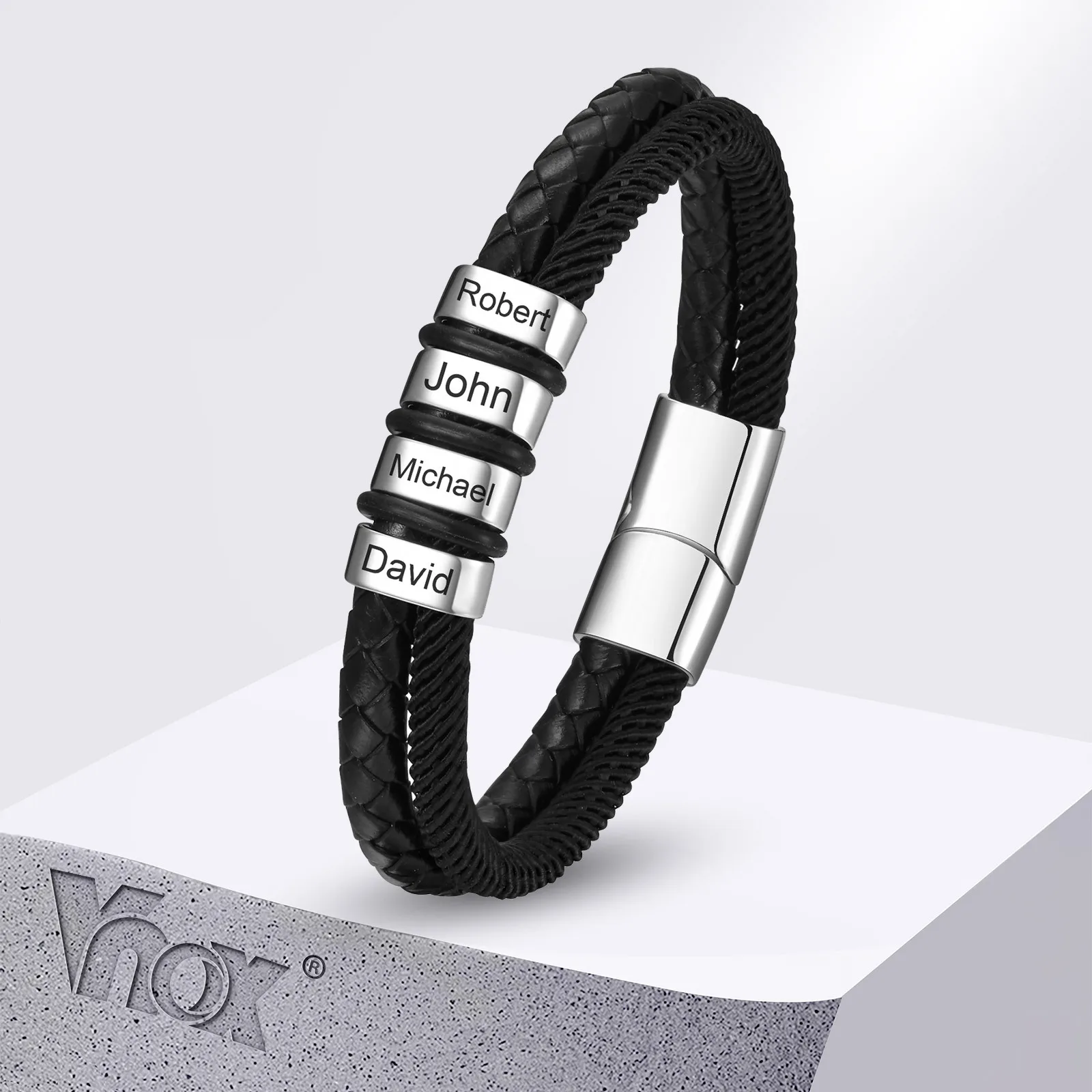 

Vnox Free Personalized Family Names Bracelets Gift for Men Dad Grandpa,3-5 Stainless Steel Beads Bracelets, Love Christmas Gift