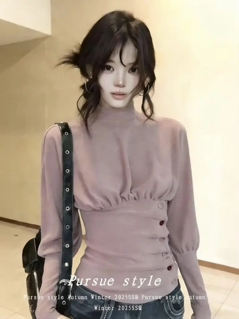 Pink Vintage Elegant Turtleneck T-shirt Women Button Waist-cinching Layering Basic Tees Autumn Spring Outwear Tops