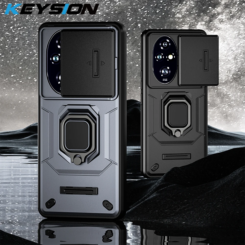 KEYSION Shockproof Case for HONOR 200 5G Slide Push Pull Camera Lens Protection Ring Stand Phone Cover for Huawei Honor 200 Pro