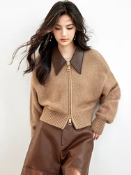 Autumn Winter Fashion Knitted Top Women's Vintage Double Zipper Short Sweater Coat Loose Casual Knitted Cardigan