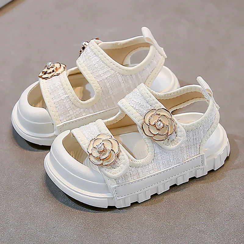 Korean Style Summer Sandals For Girls Luxury Pearl Flower Children's Beach Shoes Ergonomics Soft-soled Kid's Girl's Sandals
