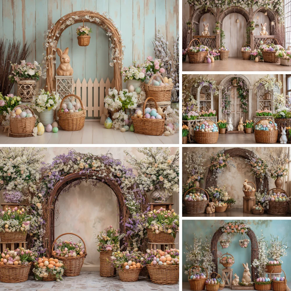 

Photography Background Spring Easter Flowers Rabbits Eggs Kids Birthday Cake Smash Portrait Decor Backdrop Photo Studio
