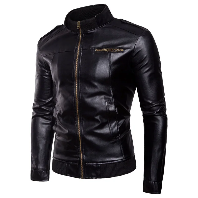 Spring Autumn Men's PU Leather Jacket Solid Fashion Slim Fit Stand Collar Motorcycles Outerwear Men Moto Biker Leather Coats Man