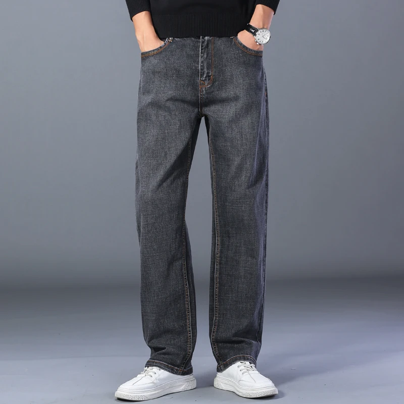 

Brand Men's Loose Jeans Plus Size 44 46 48 Classic Smoky Grey High Waist Business Straight Casual Denim Pants Male Trousers
