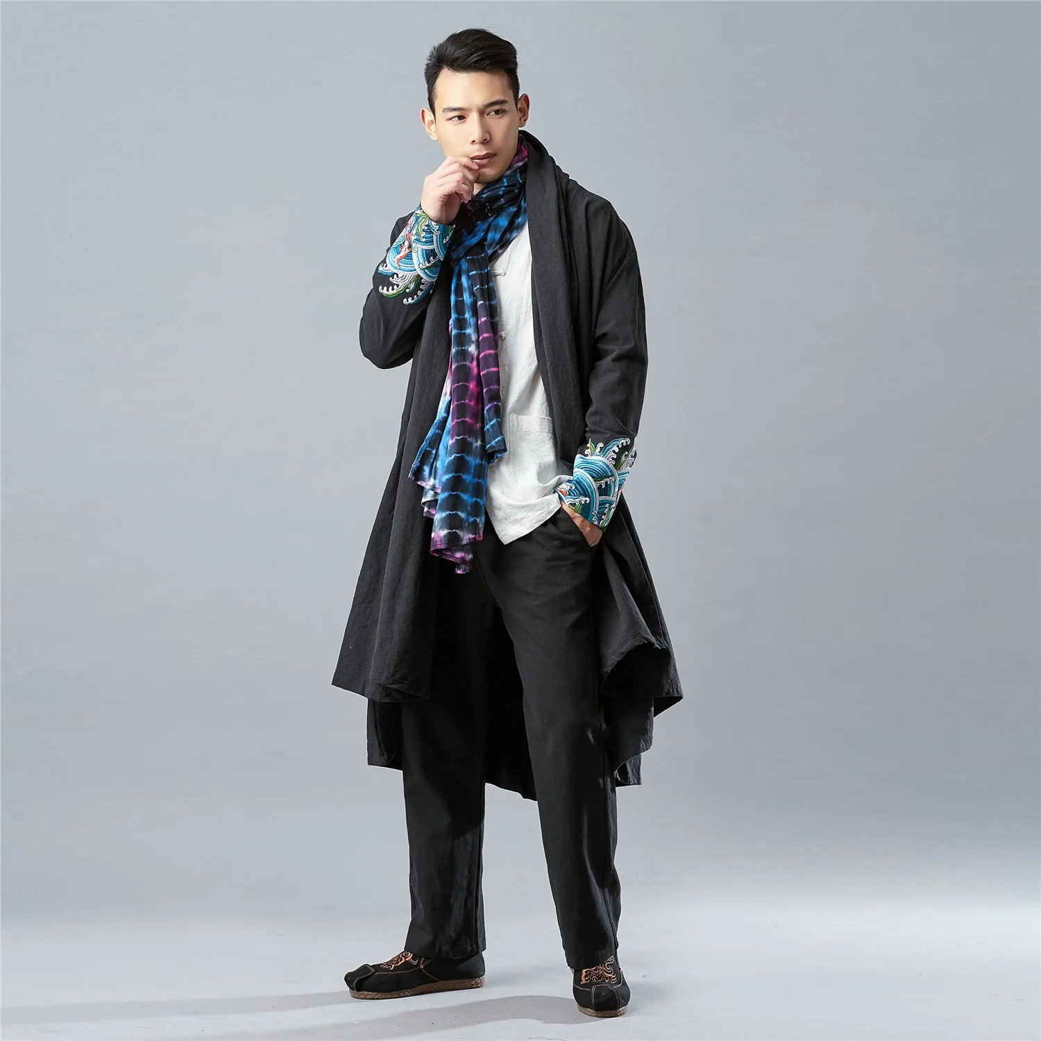 

Autumn New Cotton and Linen Men's Vintage Embroidered Chinese Style Men's Cloak Windbreaker Personalized Cloak