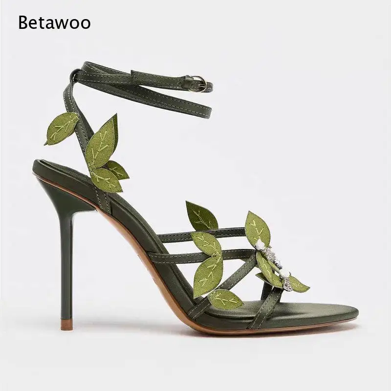 Dark Green Satin 3D Leaf Rhinestone Ankle Wrap Stiletto Heel Open Toe Women Evening Sandals Wedding Prom Formal Dress Sandals