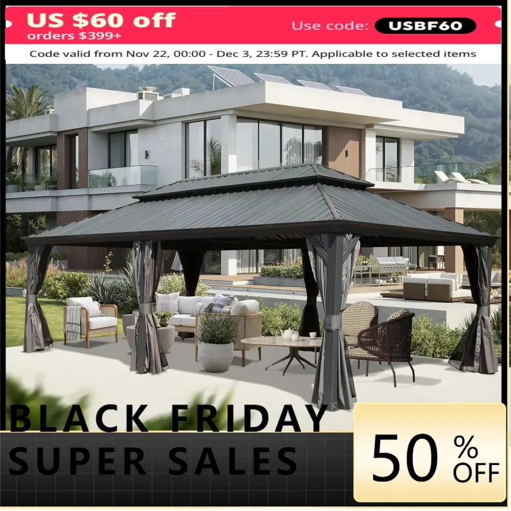 14x22FT Hardtop Gazebo, Permanent Outdoor Gazebo with Galvanized Steel Double Roof and Aluminum Frame, Curtain and Netting