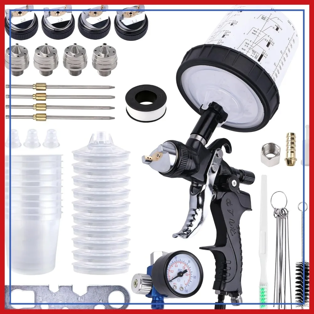 

HVLP Spray Gun Kit with 10 Disposable Cups, 4 Nozzles 1.4/1.7/2.0/2.5mm, Gravity Feed for Auto Painting