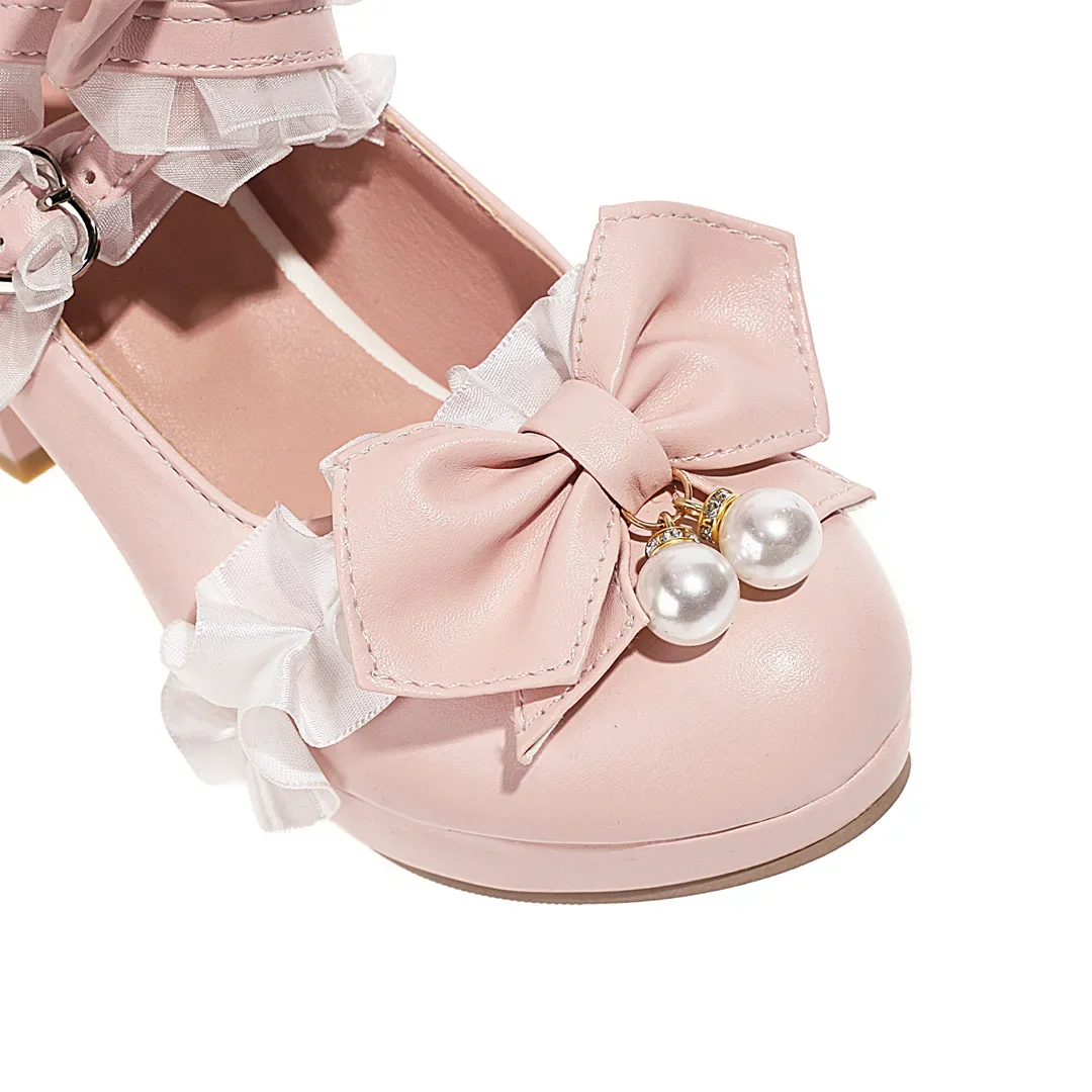 Women\'s Cute Bowknot Decor Block Heels Sweet Lolita Shoes, Fashion Buckle Strap Dress Pumps, Tea Party Stylish Cosplay Heels