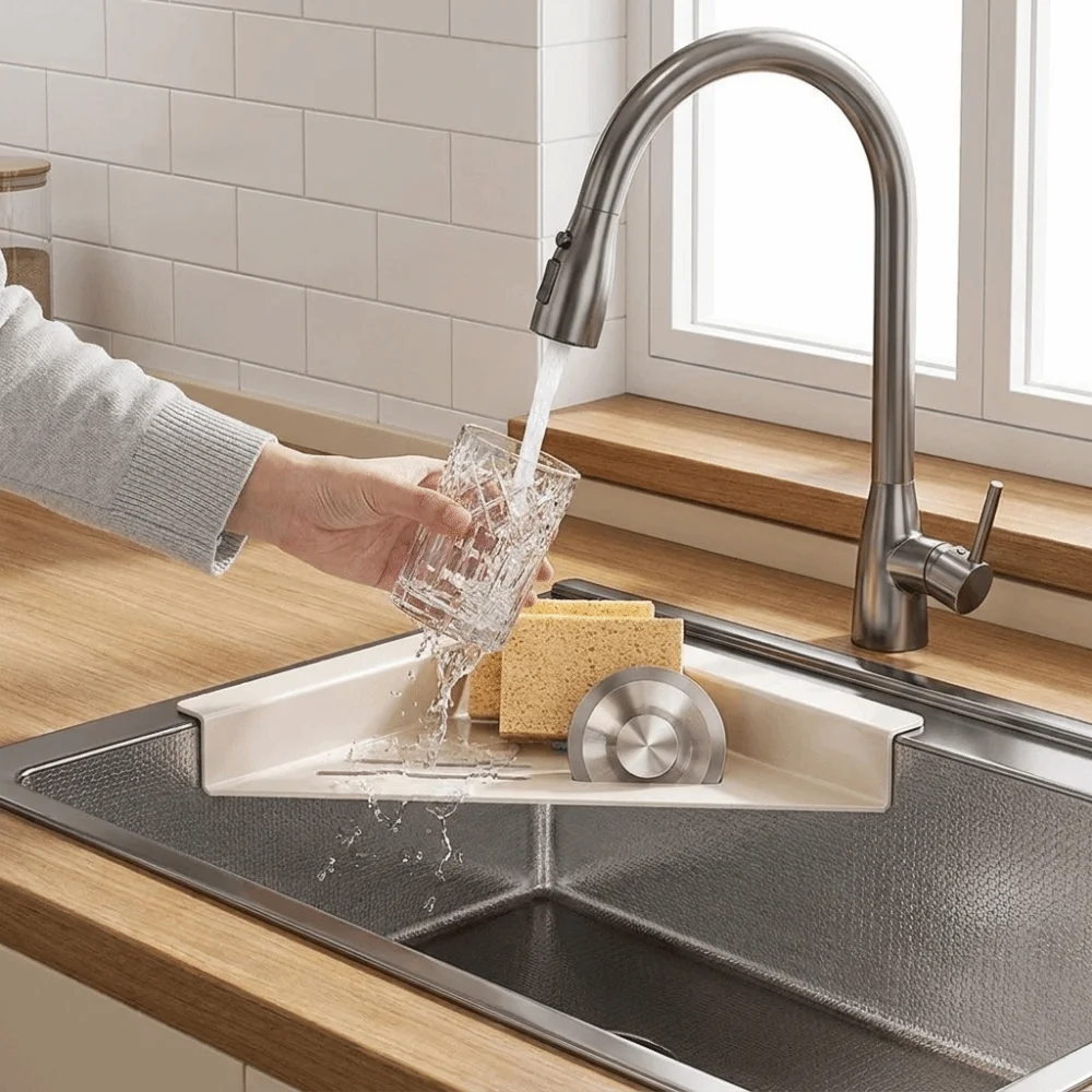 Carbon Steel Sink Corner Rack Hollowed Triangular Sink Sponge Holder Waterproof Space Saving Sink Storage Holder Bathroom