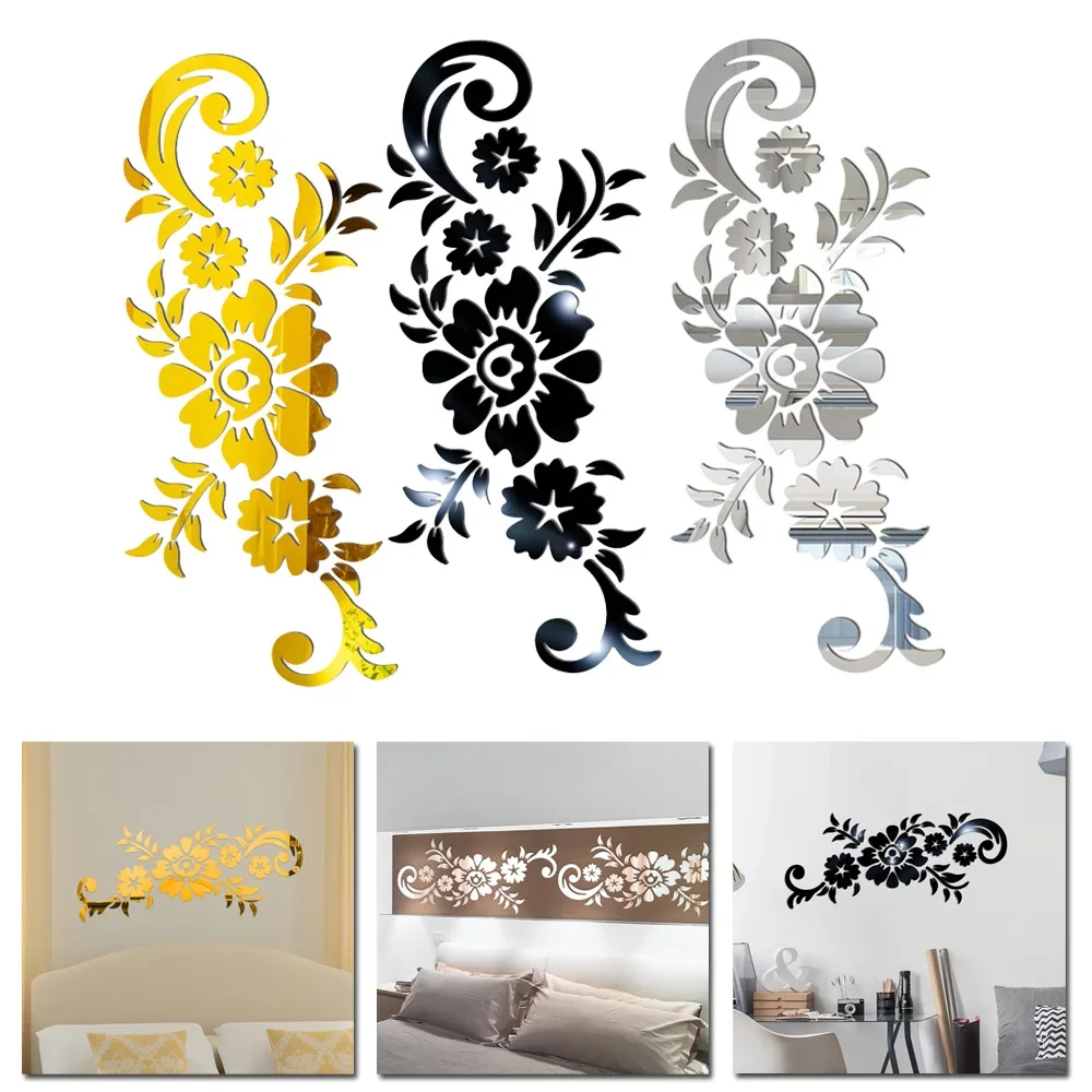 Acrylic 3D Mirror Wall Decal Removable Mirror Decal DIY Art Wall Sticker Mural Vine Fashion Flowers Bathroom Bedroom Decoration