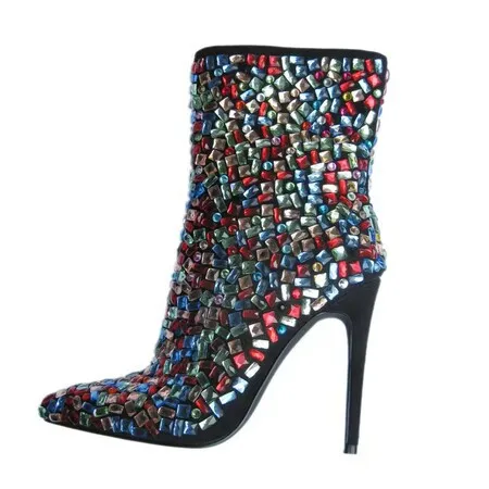 

Rhinestone Sequin Stiletto Boots Sexy Pointed Toe Ankle Botines Side Zipper Large Size Custom High Heel Women Botas Femininas