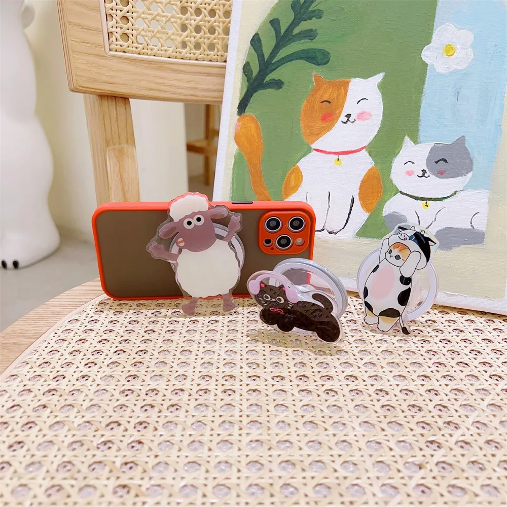 Coreano bonito dos desenhos animados para magsafe telefone magnético griptok aperto tok suporte para iphone 15 dobrável caso de carregamento sem fio titular anel