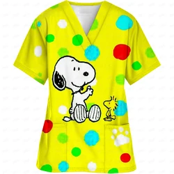 Damski top do szorowania z dekoltem w kształcie litery V Snoopy Cartoon Scrub mundury cienka pielęgniarka peeling topy dla kobiet bluzka z krótkim rękawem tunika opieki zdrowotnej