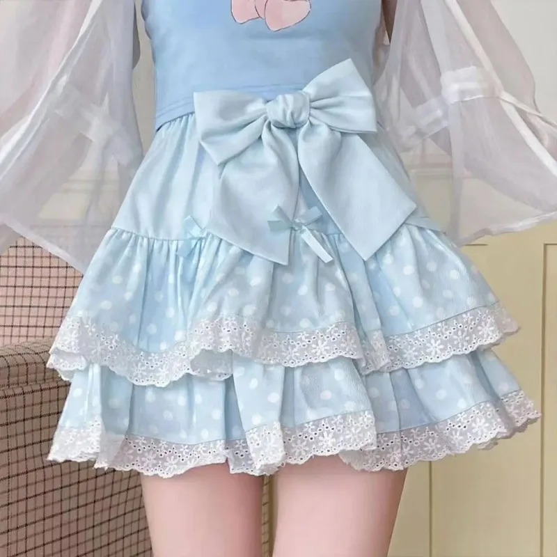 Sweet Kawaii Cake Printed Japanese Skirt For Ladies Lolita Lace Spliced Pleated Mini Skirt Summer Y2k High Waist A-Line Skirt view 5