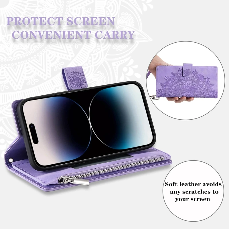 Funda de lujo tipo cartera con cremallera para iPhone 14 15 16 17 Pro Max Air 16E 13 12 11 Pro XR XS 7 8 SE, cuero en relieve con ranuras para tarjetas 5
