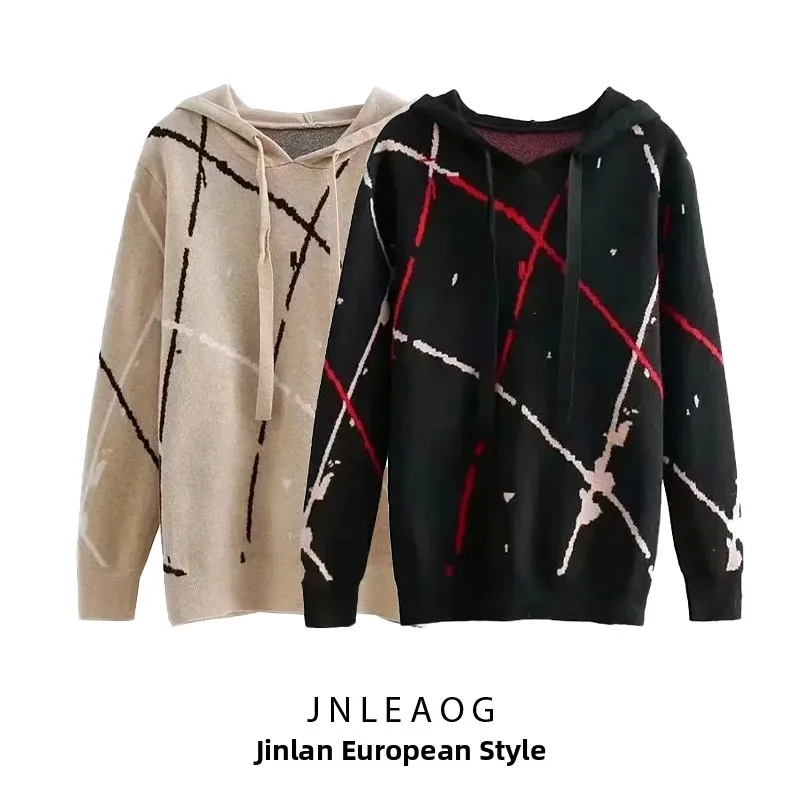 سترة نسائية من JNLEAOG عصرية بقلنسوة من خيوط الدوران الأساسية سترة نسائية فضفاضة مناسبة للشارع طويلة Sve مستديرة للخريف والدفء