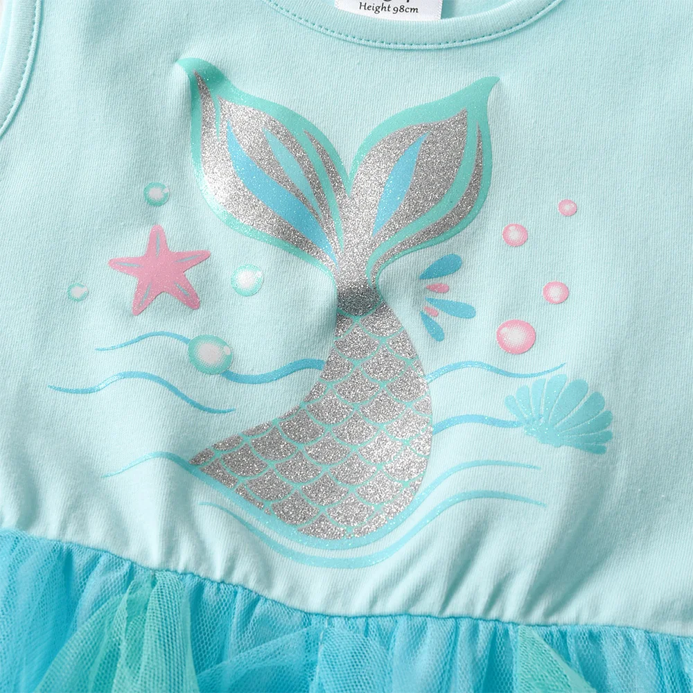 VIKITA Mädchen ärmelloses Sommerkleid mit Meerjungfrauen-Print, blau, für Kinder, mehrlagig, Prinzessin, Geburtstagsfeier, Ballkleid, elegante Tutu-Kleider – Detail 7