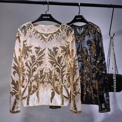 Sexy Sequined embroidery Rose Flower Shirt shiny Transparent gauze Heavy Beading Blouses blusa camisa luxury party club Tops