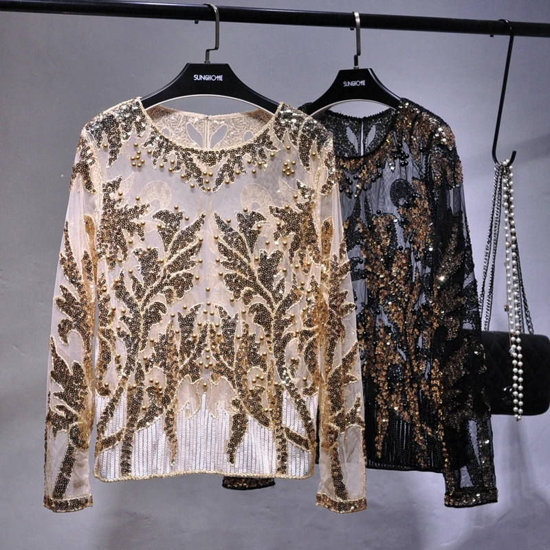 Seksowna cekinowy haft róża koszulka w kwiatki błyszczące przezroczysta gaza ciężkie bluzki z koralikami blusa camisa luksusowe imprezowe topy do klubu