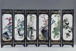 ( Mini ) Exquisite Chinese Classical Lacquerware Painting Birds and Flowers Folding Screen