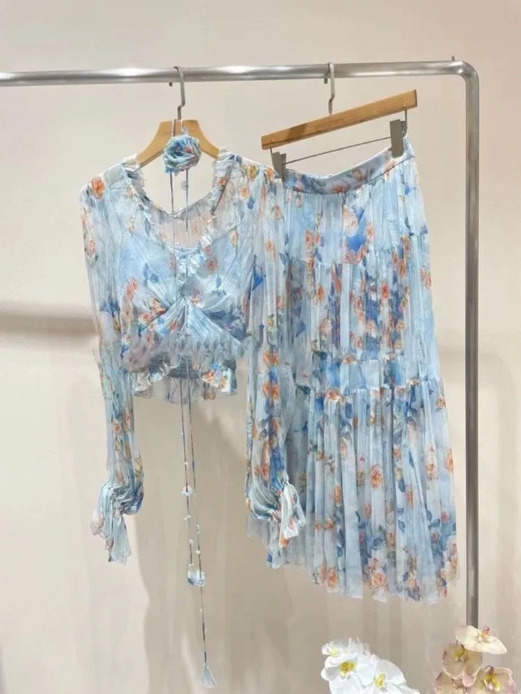 

Summer Women's Clothing Style Top Gentle Tea Elegant Socialite Blue Floral Two-Piece Suit Skirt