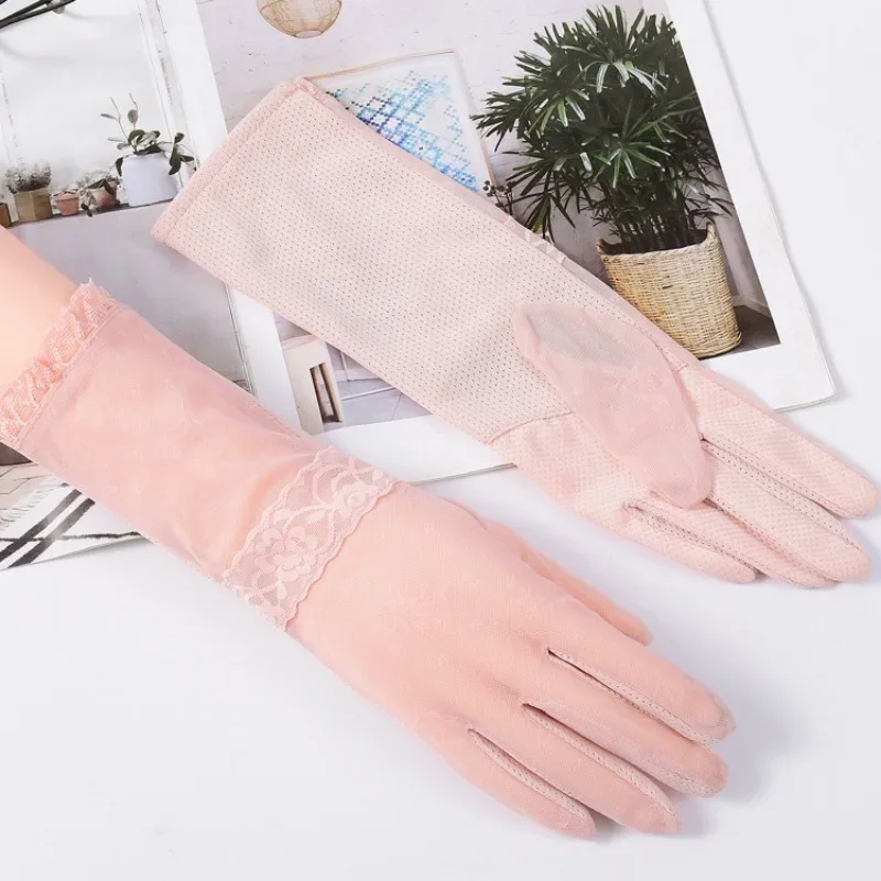 Солнцезащитные перчатки, противоскользящие кружевные перчатки из ледяного шелка, женские тонкие дизайнерские летние длинные перчатки с УФ-сенсорным экраном для вождения, версия средней длины