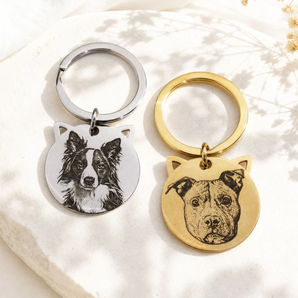 Custom Pet Portrait Keychain Personalzied Text Any Picture Keyring Pet Anti-lost Stainless Steel Jewelry For Men Women