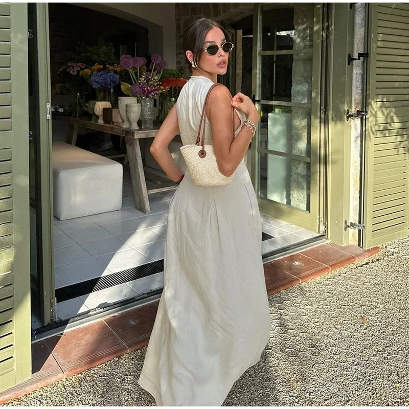 Summer Elegant Solid Sleeveless Women Maxi Dress Fashion V-neck Zipper Slim 2024 Office Lady Commuting Robe