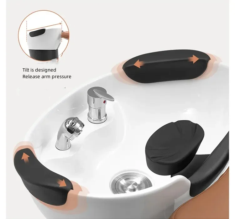 Luxury Orange Leather Rotation Massage Washing Bed Modern Reclining Electric Shampoo Chair