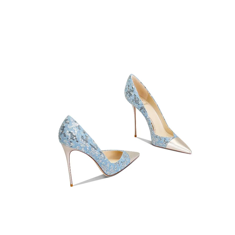 

2025 Women Pointed Toe Stiletto Heels Light Blue Winter Elegant Dress Pumps Comfortable