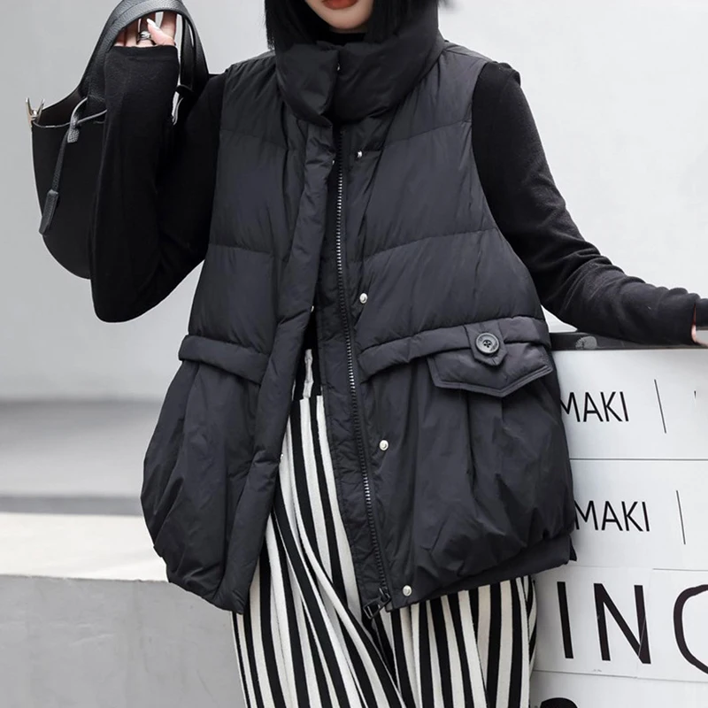 

Autumn Winter Loose Stand Collar Lightweight Down Vest Women White Duck Down Sleeveless Vests Female Quilted Zipper Waistcoats