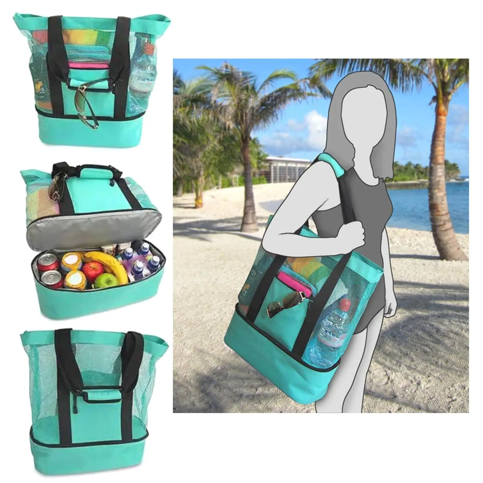 Outdoor Tourism Picnic Bag,2 in 1 Picnic Bag with Cooler, Beach Insulation and Preservation Ice Bag, Net Beach Storage Bag