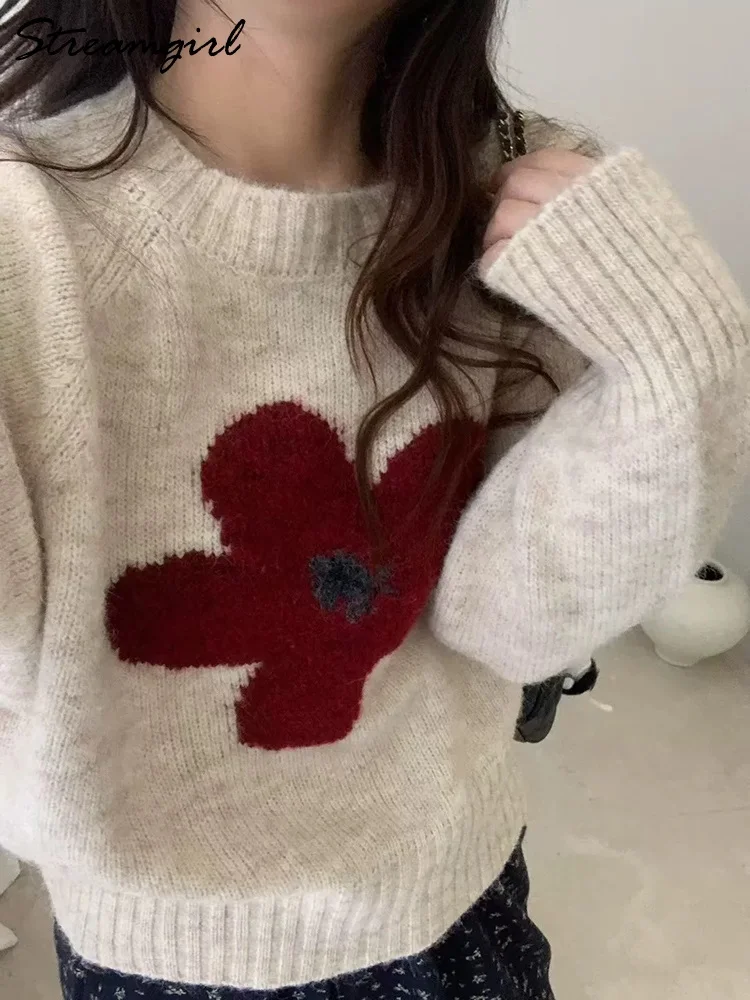 سترة Streamgirl الشتوية الرمادية مع زهرة المرأة بلوفرات متماسكة فضفاضة الأرجواني تريكو خمر سترة زهرة دافئة للنساء