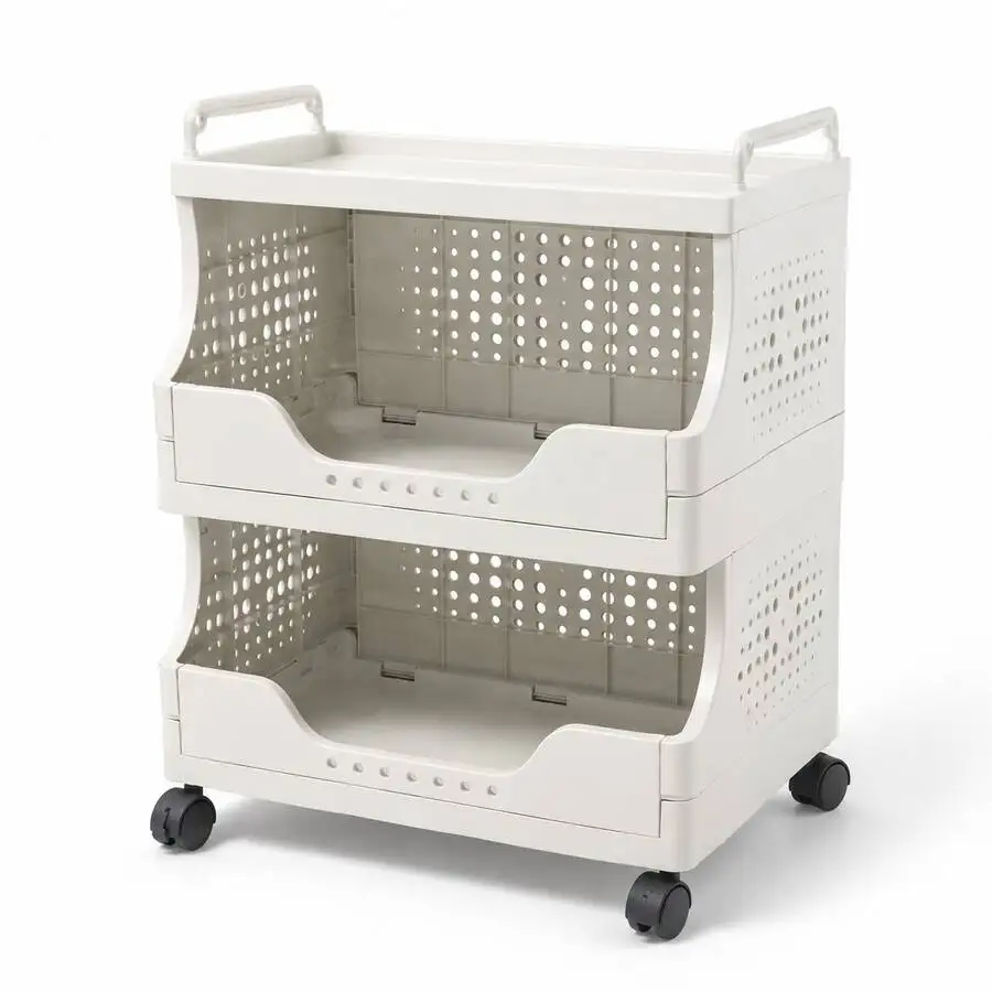 Foldable Rolling Storage Cart With Wheels, ABS Open-Front Mobile Organizer With TopTray & Handles Bathroom Storage Organizer Lau