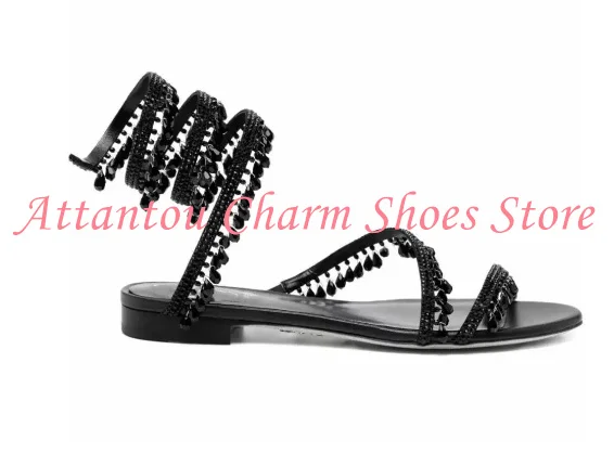 Bling Bling Crystal Snake Strap Woman Flat Sandals Fashion String Beads Rhinestone Lady Casual Sandals Shoes Sexy Dress Shoes view 6