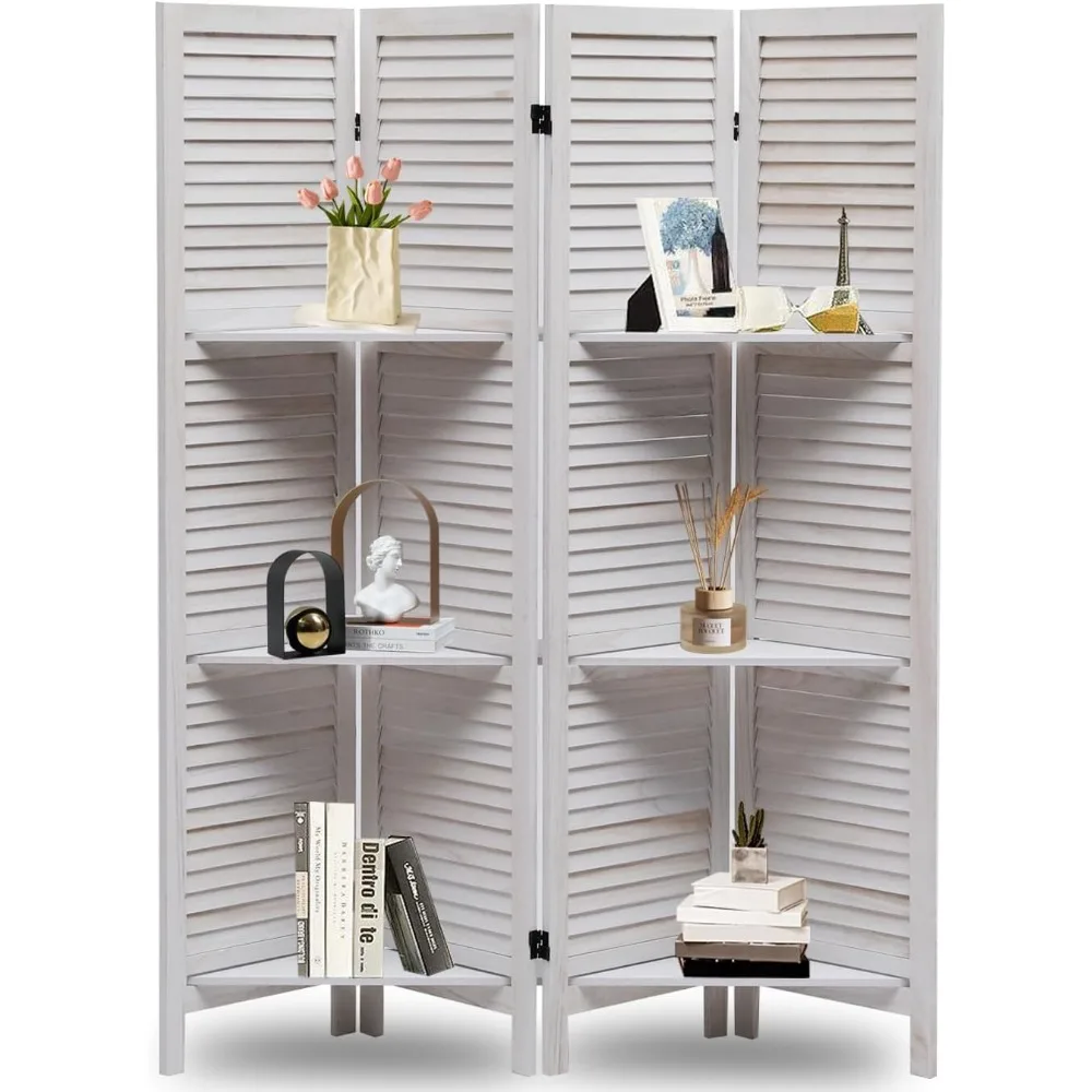 

4 Panel Room Divider with Shelves, 5.6Ft Room Dividers and Folding Privacy Screens, Room Partitions and Dividers, White