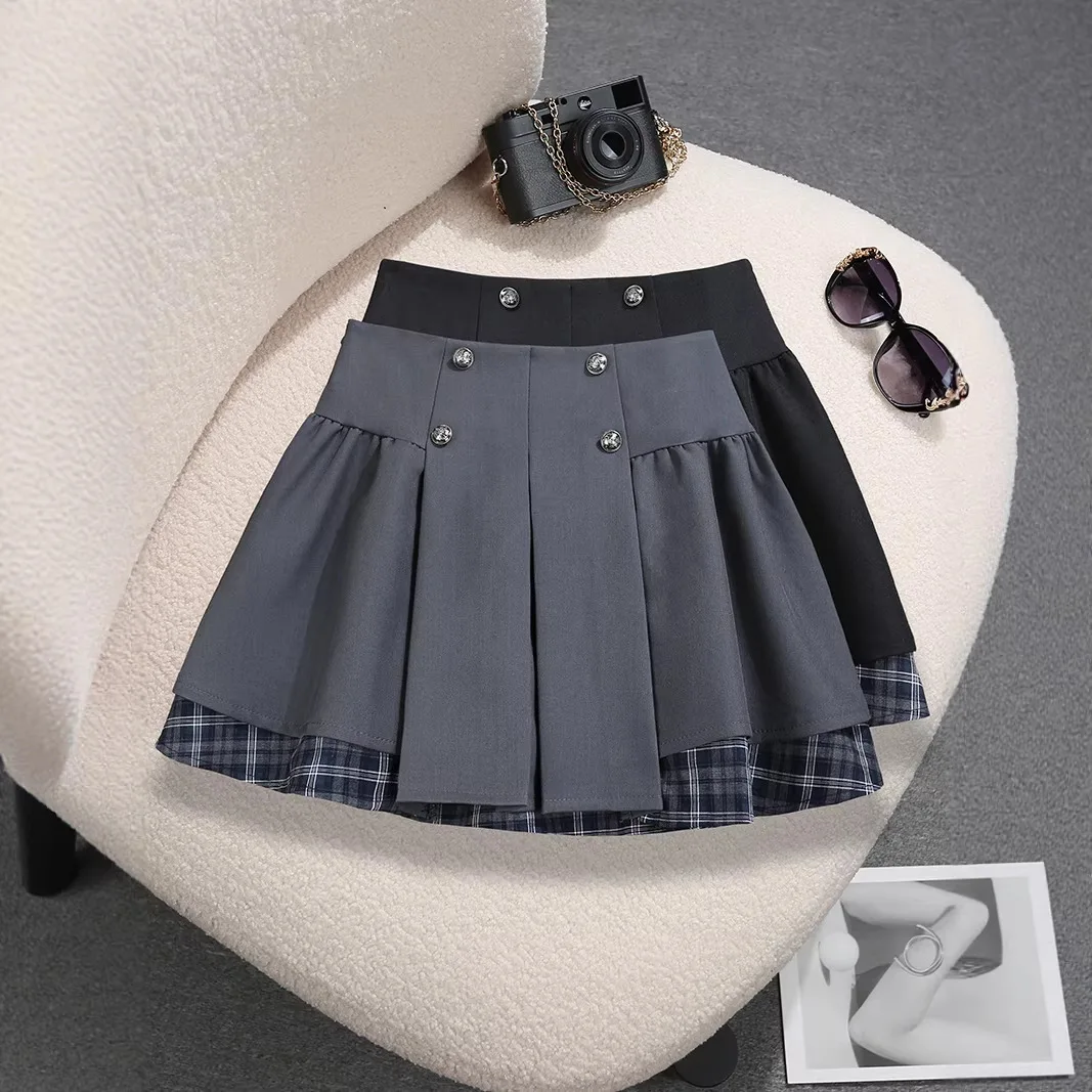 Plaid Spliced Puffy Skirt Spring 2026 New High-waisted Slimming Double-breasted Skirt