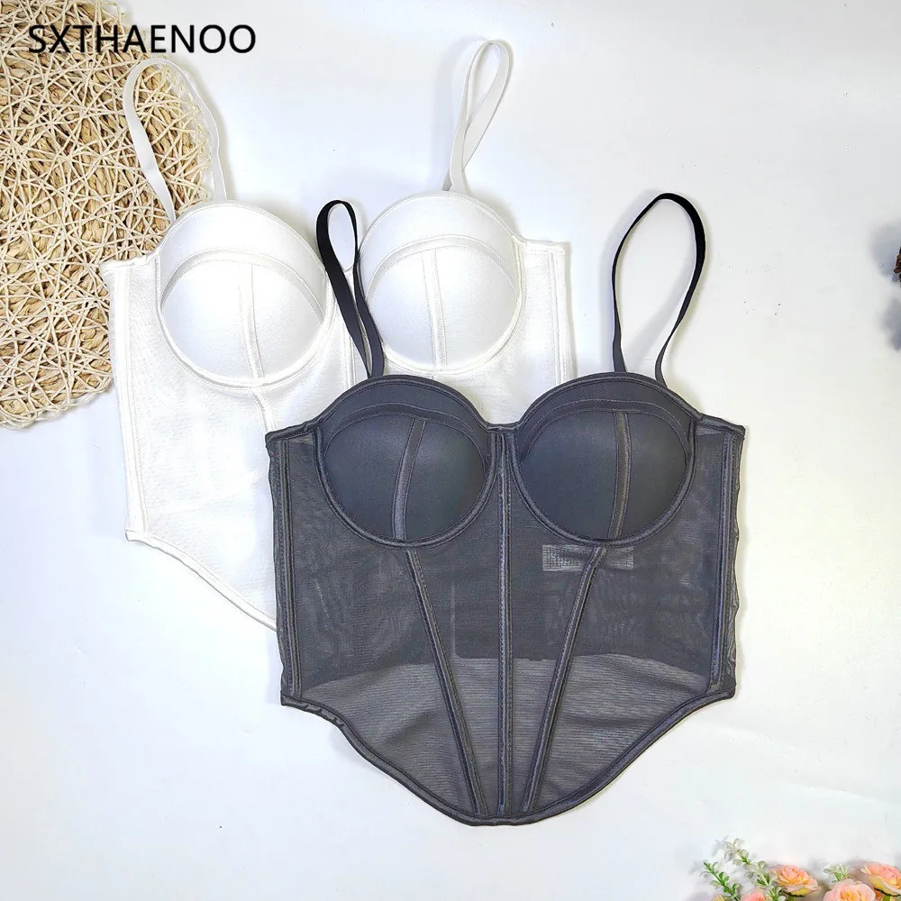 SXTHAENOO 2024 Pleated Overbust Corset Sexy Steel Ring Fishbone Bandage Women Bustier Corset Lingerie Tops Women Fashion Outfits