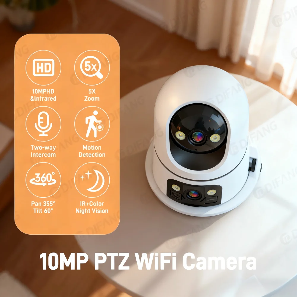 

DIFANG 5K 10MP WiFi Baby Monitor with Video Call, Auto Tracking, Night Vision, 2-Way Audio, Indoor Security/Pet Camera/Mini Cam