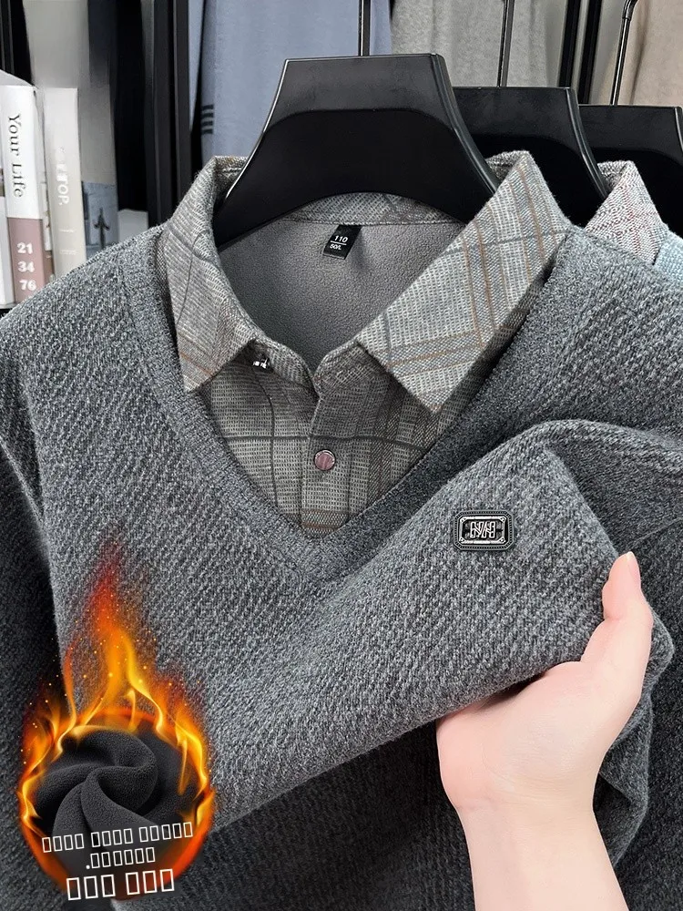 

Lormen Men's Faux Two-Piece Knitted Sweater Thiened Fce Casual Long Sve Turn-down Collar Warm Winter Faionable Sweater